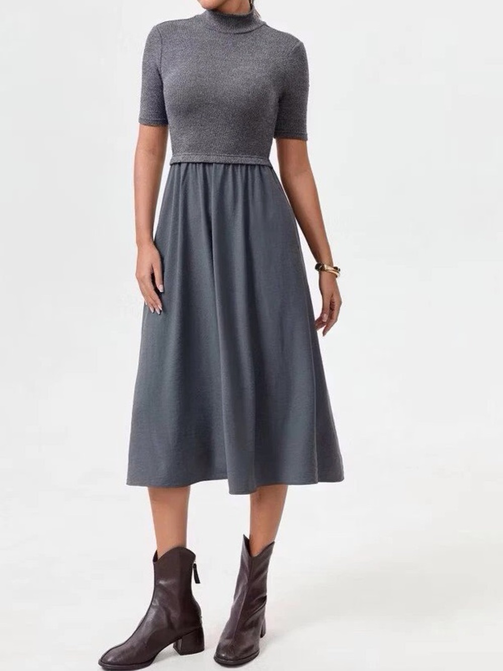 Ribbed Turtleneck Midi Dress in Grey
